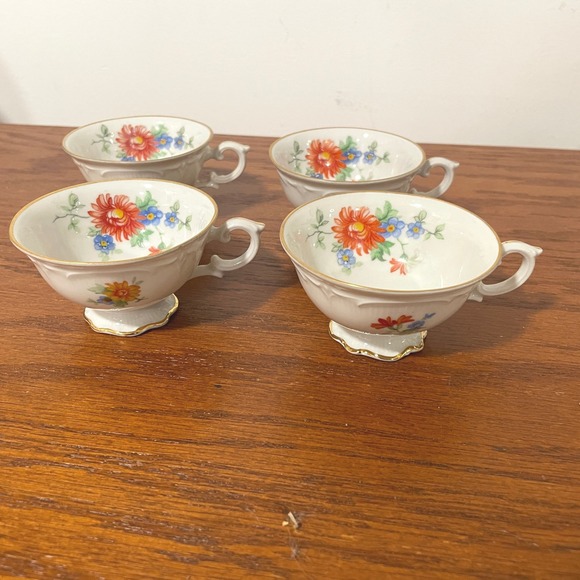 Set/4 VTG Demitasse Floral Tea Cups Footed Bavaria Germany Porcelain Gold Trim - Picture 1 of 11